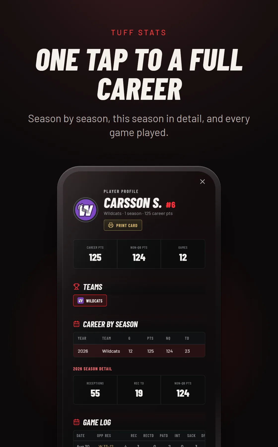 One tap to a full career. Season by season, this season in detail, and every game played. A phone showing a player profile: career points, teams, a career-by-season table and a game log.