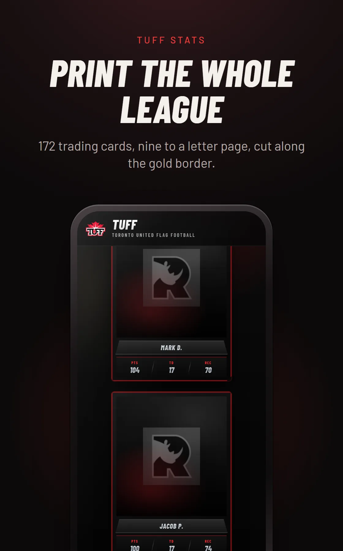 Print the whole league. 172 trading cards, nine to a letter page, cut along the gold border. A phone showing printable player trading cards.